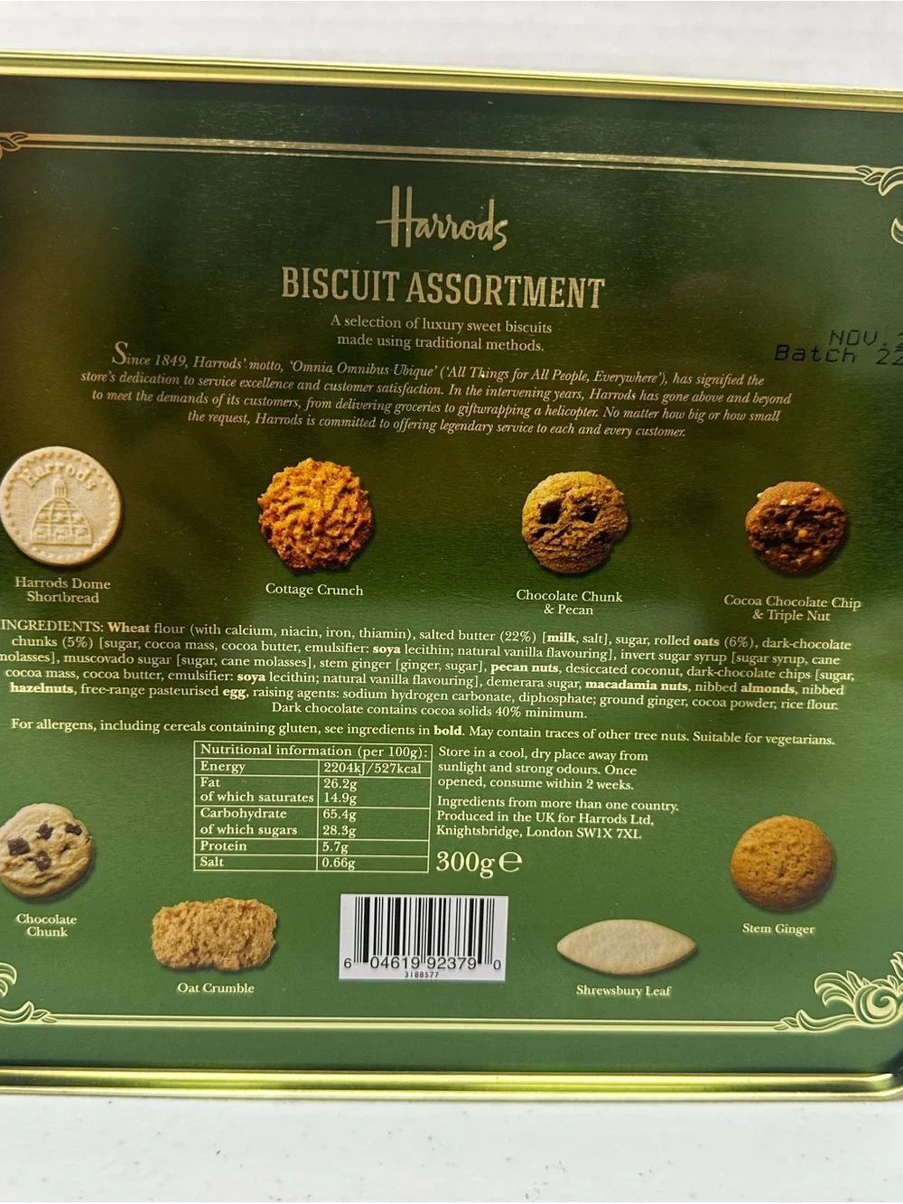 Harrods London Biscuit Assortment Tin Empty Green Gold Decorative Storage Box